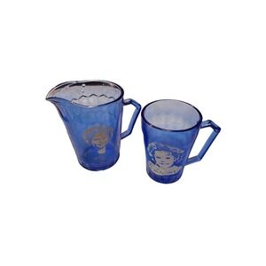 Vintage Blue Depression Glass Shirley Temple Small Pitcher & Cup With Handles